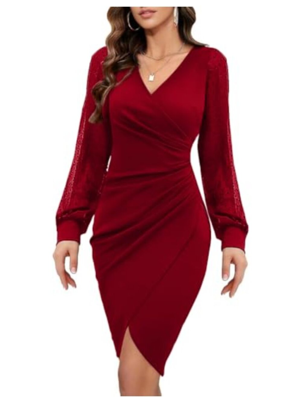 Women Sexy V Neck Mesh Sheer Long Sleeve Bodycon Cocktail Dress Ruched Party